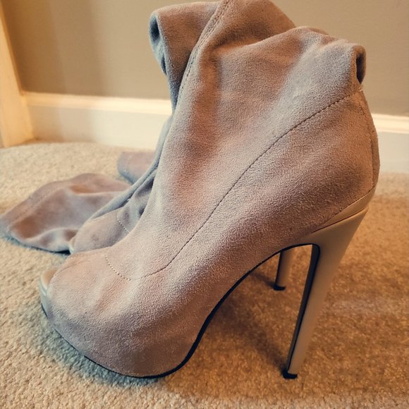 Shoes - Gray Faux Suede Over the knee Peep Toe Boots